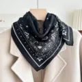 Black paisley square scarf, elegant satin silk neckerchief for women daily spring and autumn wear. - Star Paisley - Black