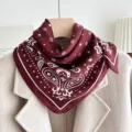 Women maroon paisley print square scarf elegant silk feel neckerchief for spring autumn - Star Paisley - Red