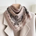 Beige paisley print square scarf for women, elegant retro silk-feel neckerchief for spring. - Star Paisley - Khaki