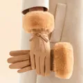 Winter warm touch screen faux fur suede women gloves with elegant bow design stylish - One Size / Brown