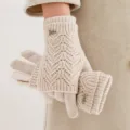 Guantes táctiles de punto beis para mujer, guantes térmicos de invierno cálidos con diseño. - Talla única / Beige