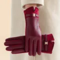 Women winter warm velvet leather gloves elegant touch screen windproof thermal gloves red - Burgundy