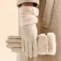 Women winter plush warm gloves, faux suede and rabbit fur cuff with metallic buckle design. - One Size / Beige