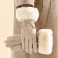 Women faux suede winter warm gloves khaki color with fluffy fur cuff and bow design - One Size / Khaki