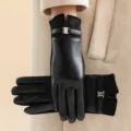 Women Black Suede Leather Touchscreen Winter Gloves Warm Thermal Cycling Windproof Style - Black