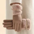 Women winter warm gloves faux suede plush cuff stylish khaki variant for cold weather - One Size / Khaki