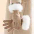 Winter women's knitted gloves with fluffy white faux fur cuffs and elegant camel design. - One Size / Camel