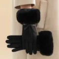 Black women winter gloves with faux fur cuff and bow detail chic warm touchscreen gloves SKU - One Size / Black