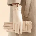 Women winter warm gloves suede leather touch screen windproof beige elegant stylish accessory - Beige