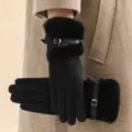 Women winter warm plush gloves with faux fur cuff and strap detail for cold weather style. - One Size / Black