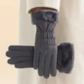 Women Winter Warm Padded Gloves Dark Grey Faux Fur Trim Windproof Thermal Ski Gloves - One Size / Gray