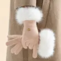 Women winter knit fingered gloves with white fluffy faux rabbit fur cuffs, cozy touchscreen warm. - One Size / Beige