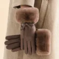 Women's winter warm touch screen brown faux leather gloves with plush fur cuffs and bow. - One Size / Coffee
