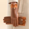 Women winter warm brown suede leather gloves, fleece lined windproof touch screen driving gloves. - Brown