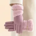 Women winter plush warm gloves faux suede rabbit fur thick windproof cycling mittens pink - One Size / Leather Purple