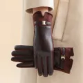 Women's winter warm gloves fleece lined suede PU leather touchscreen gloves elegant style - Coffee