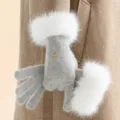 Grey knit touchscreen gloves for women featuring plush white faux fur cuffs for winter warmth. - One Size / Light Gray