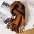 Pure wool winter scarf double sided color blocked fringed warm neckerchief gift style - Coffee + Camel