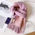 Cozy 100% wool reversible winter scarf with elegant fringe design, soft and warm accessory. - Lavender + Pink