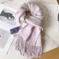 Dual-faced wool scarf for winter, warm pink and grey knit shawl with stylish fringe trim. - Light Gray and Pink