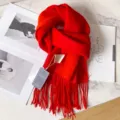 Bright red wool winter scarf with classic tassel fringe, warm and soft neck warmer gift. - Bright Red + Orange Red