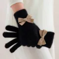 Guantes de punto esponjoso negro con lazos beiges, guantes de invierno para mujer. - Talla única / Negro