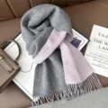 Double-sided colorblock wool scarf with fringe winter warm knitted shawl for women and men - Medium Gray + Pink