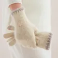 Guantes de invierno de peluche beige, guantes de punto cálidos con flor bonita. - Talla única / Beige