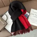 Classic black and red reversible pure wool winter scarf with elegant fringe trim for cold days. - Black and Red