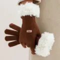 Women winter warm knit gloves with plush shearling cuffs soft touch screen brown winter gloves - One Size / Coffee