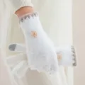Guantes de invierno blancos de felpa sintetica para mujer tactiles con flor bonita - Talla única / Blanco