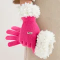 Women winter pink knit gloves with fluffy white shearling cuffs warm touch screen mittens - One Size / Rose Red