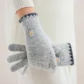 Mujer invierno guantes de punto gris cálidos felpa conejo imitación flores bonitos frío - Talla única / Gris claro