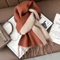 Two-tone reversible winter knit scarf with elegant fringe, warm and stylish accessory. - Brown Red + Beige Gray