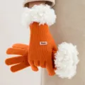 Orange knit winter gloves with white faux shearling cuffs, cozy warm touch screen mittens. - One Size / Orange
