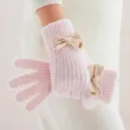 Gants tricotés rose pour femmes hiver chaud cinq doigts joli design nœud doux confortable. - Taille unique / Rose