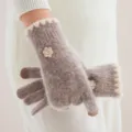 Gants d'hiver pour femme en fausse fourrure de lapin, chauds et douillets avec décor floral. - Taille unique / Mocha