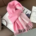 Pink reversible wool scarf with fringe for women, soft winter warm knitted neck wrap. - Light Pink and White
