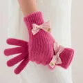 Femmes hiver chaud tricoté gants avec mignon nœud rose doux thermique gants d'hiver - Taille unique / Rose rouge