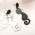 Black and white cat acrylic earrings, cute asymmetric animal design, sweet detail shot. - Asymmetric Black and White Cat Style