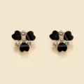 Elegant black heart flower stud earrings with sparkling rhinestones and gold-tone metal setting. - Heart Petal Style (HY868) / Black