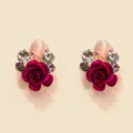 Close-up detail of exquisite rose flower earrings sparkling crystal rhinestones and pink pearl beads - Deep Pink Rose Rhinestone Style (HY915) / Deep Pink