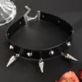 Gothic black leather choker necklace with metal spikes and unique spiral charms for women - Spiral Pendant