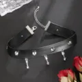 Gothic punk black leather choker necklace with metal cone studs and dumbbell pendants. - Dumbbell Pendant