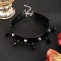 Gothic punk black leather choker necklace with metal spikes and hanging crystal drop beads. - Black Bead Pendants