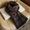 Dark blue paisley scarf for men and women, warm winter cashmere-feel shawl with elegant tassels. - Exotic Paisley / Black Camel