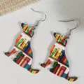 Detailed view of wooden cat bookshelf earrings with cute design and metal hooks. - Cat Style (A23-910)