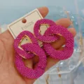 Exaggerated geometric rhinestone earrings with bold pink crystals and shiny gold linking design. - Bright Pink Full Rhinestone Style (A24-180P)