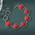 Boho vintage antique silver bracelet with red cracked stone round bezels and toggle clasp detail. - Red Textured Stone Style / Antique Silver Red