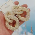 Oversized geometric pearl rhinestone chain earrings fashion statement jewelry chic - Pearl and Rhinestone Chain Style (A24-180R)
